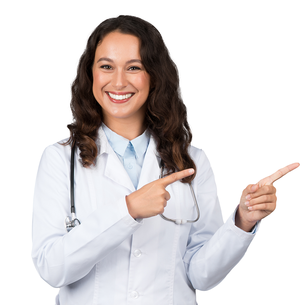 Healthcare service provider pointing toward the right